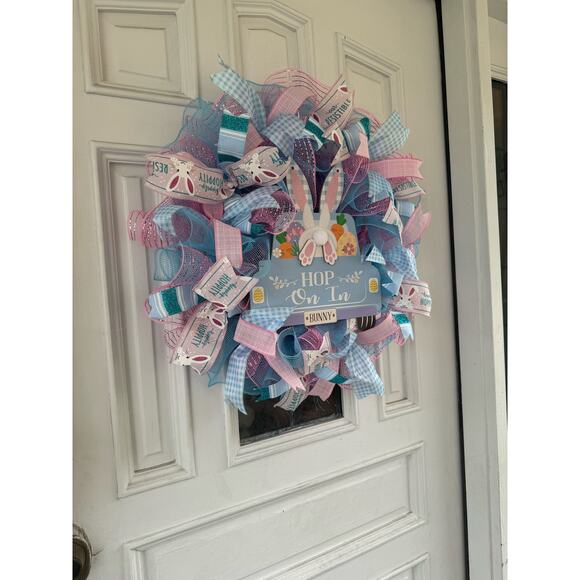 Handcrafted "Hop On In" Bunny Wreath - Easter/Spring Decor, Pastel Colors - Picture 7 of 9